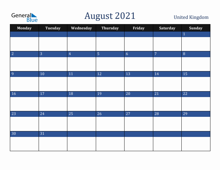 August 2021 United Kingdom Calendar (Monday Start)