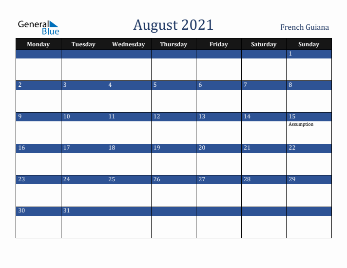 August 2021 French Guiana Calendar (Monday Start)