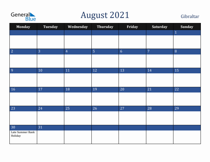 August 2021 Gibraltar Calendar (Monday Start)