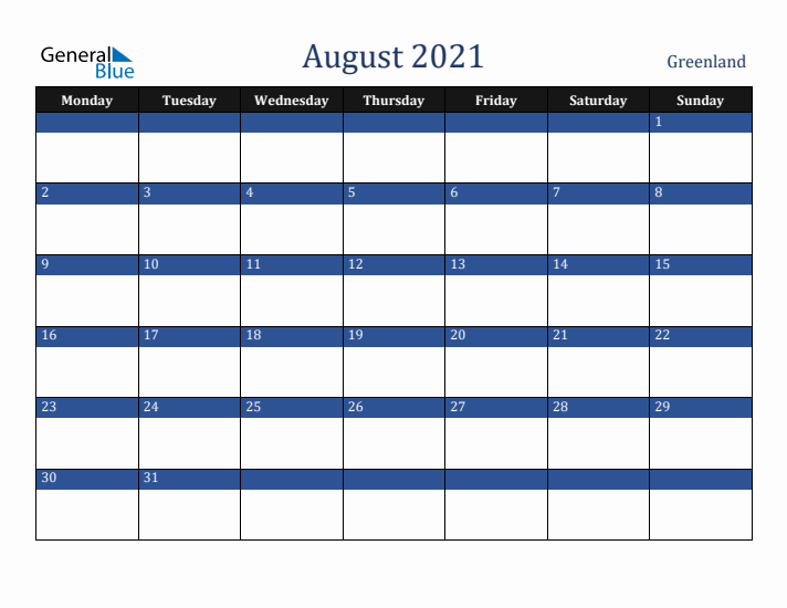August 2021 Greenland Calendar (Monday Start)
