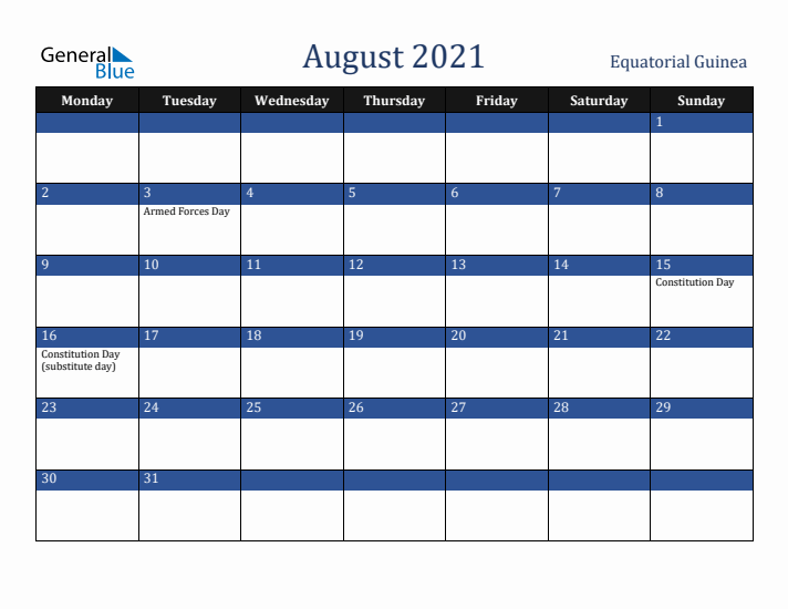 August 2021 Equatorial Guinea Calendar (Monday Start)