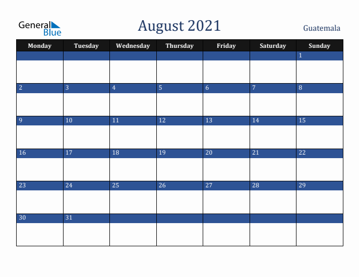August 2021 Guatemala Calendar (Monday Start)
