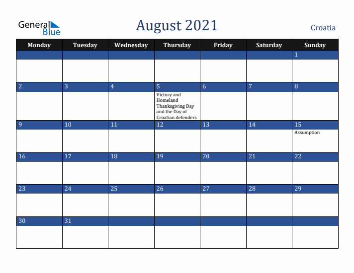 August 2021 Croatia Calendar (Monday Start)