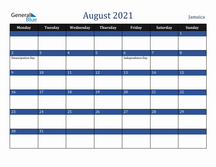 August 2021 Jamaica Calendar (Monday Start)