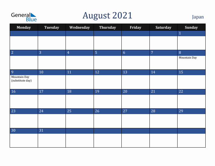 August 2021 Japan Calendar (Monday Start)