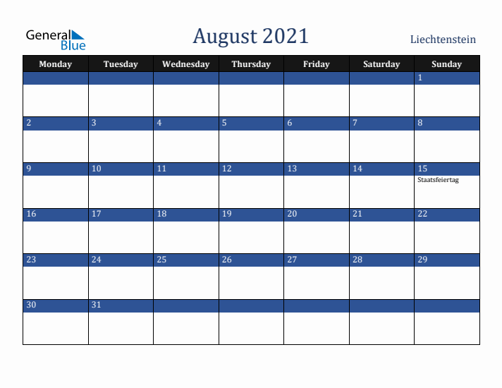 August 2021 Liechtenstein Calendar (Monday Start)