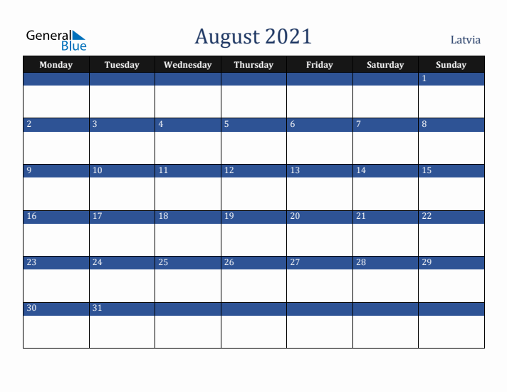 August 2021 Latvia Calendar (Monday Start)