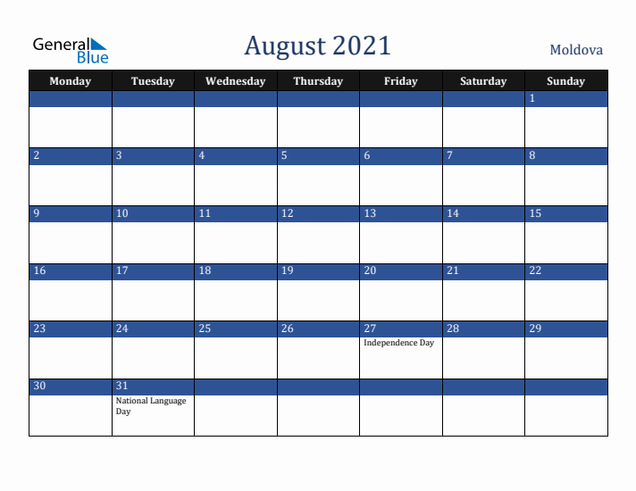 August 2021 Moldova Calendar (Monday Start)