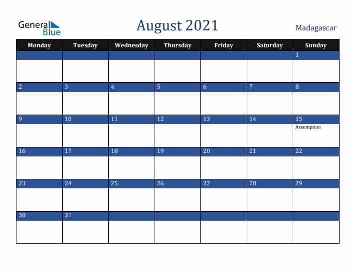 August 2021 Madagascar Calendar (Monday Start)