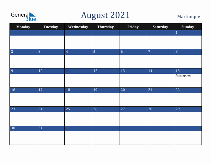 August 2021 Martinique Calendar (Monday Start)