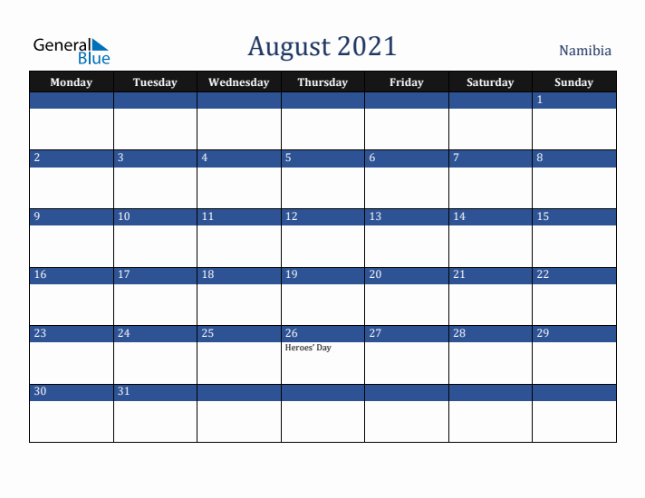 August 2021 Namibia Calendar (Monday Start)