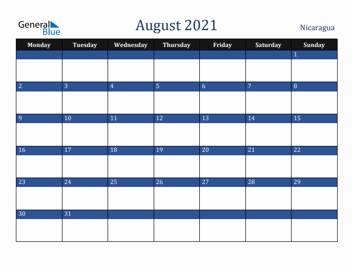 August 2021 Nicaragua Calendar (Monday Start)