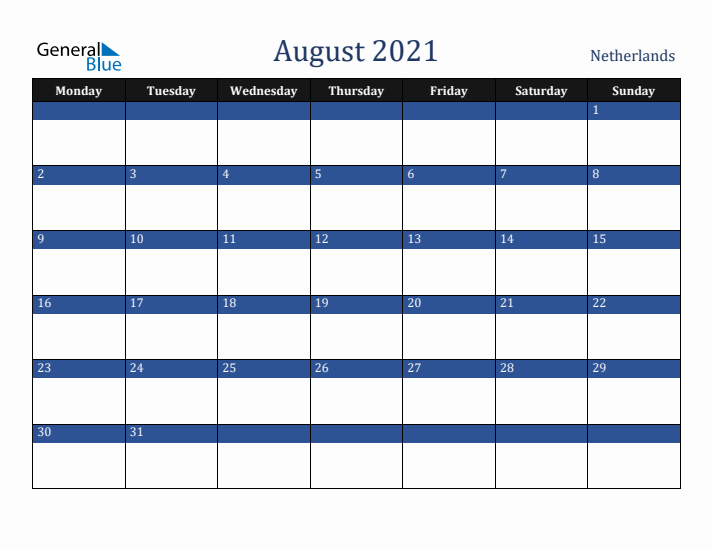 August 2021 The Netherlands Calendar (Monday Start)