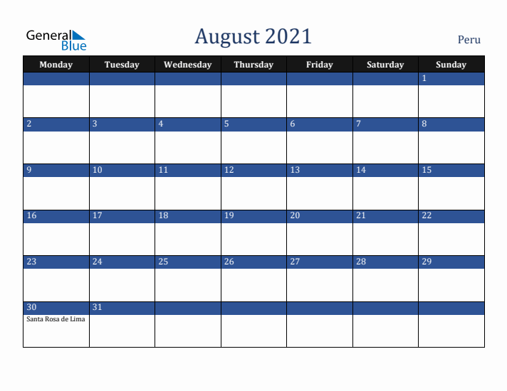 August 2021 Peru Calendar (Monday Start)