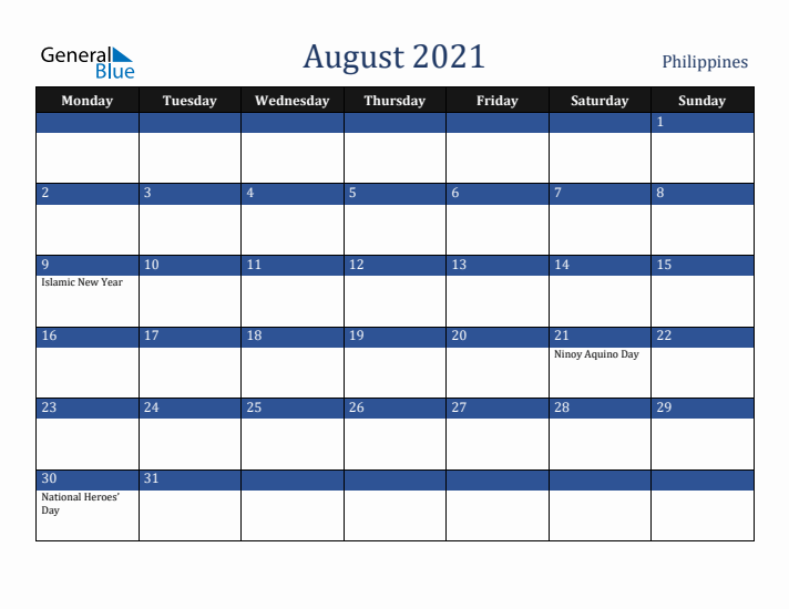 August 2021 Philippines Calendar (Monday Start)