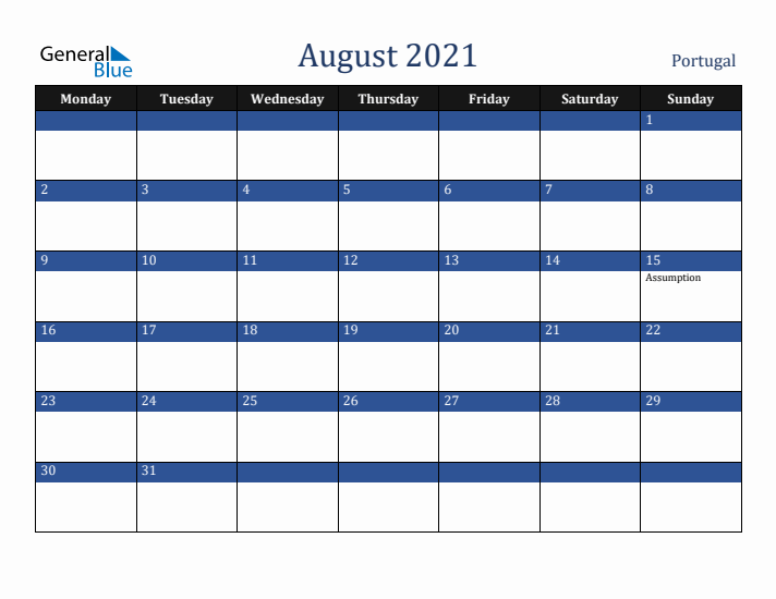 August 2021 Portugal Calendar (Monday Start)
