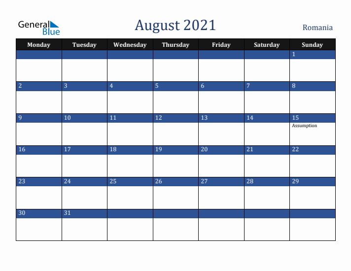 August 2021 Romania Calendar (Monday Start)