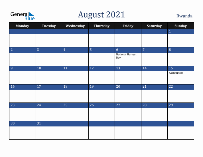August 2021 Rwanda Calendar (Monday Start)