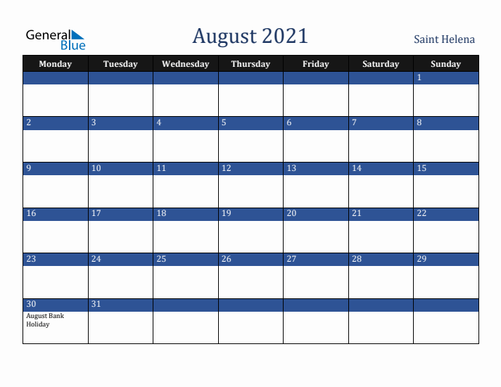 August 2021 Saint Helena Calendar (Monday Start)