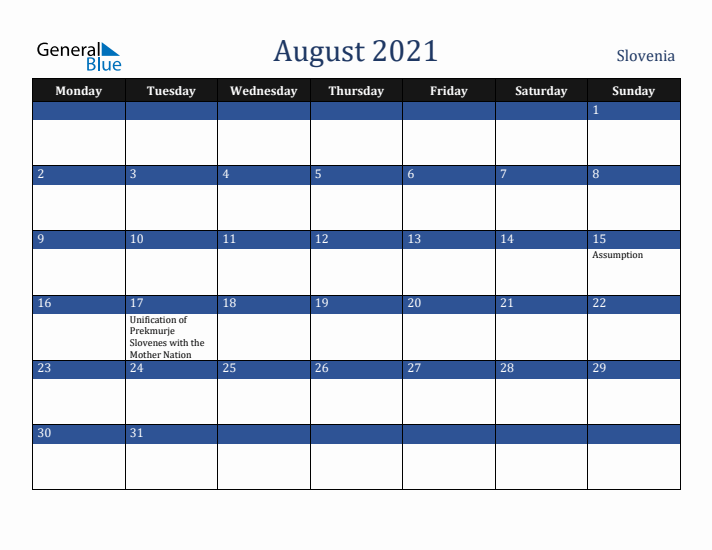 August 2021 Slovenia Calendar (Monday Start)