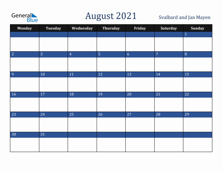 August 2021 Svalbard and Jan Mayen Calendar (Monday Start)