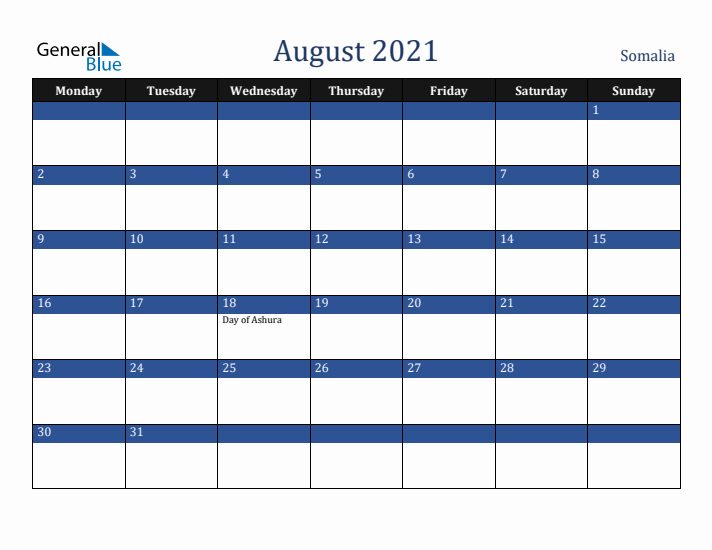 August 2021 Somalia Calendar (Monday Start)
