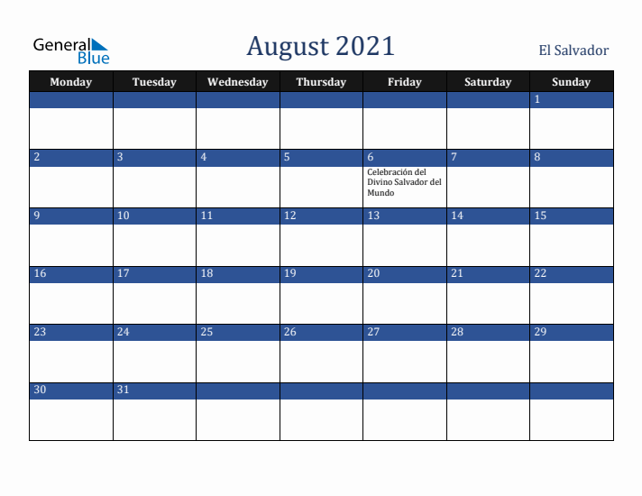 August 2021 El Salvador Calendar (Monday Start)
