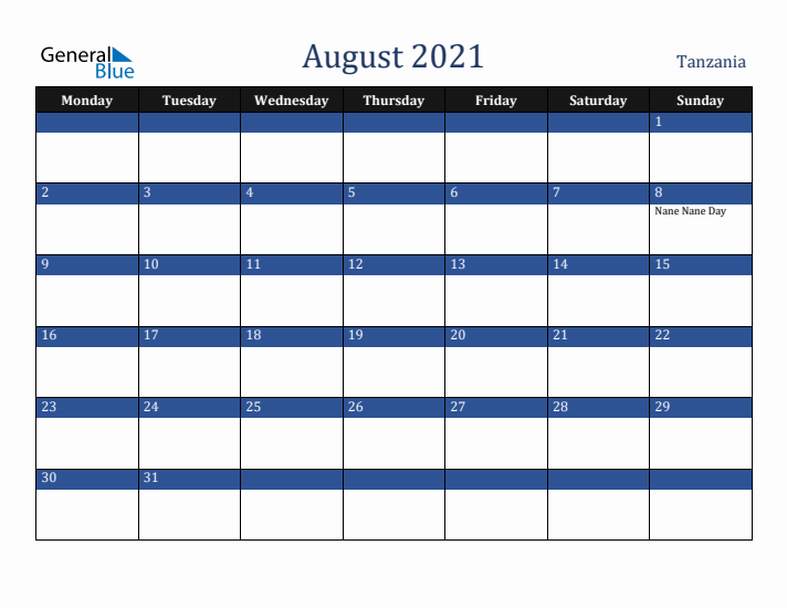 August 2021 Tanzania Calendar (Monday Start)