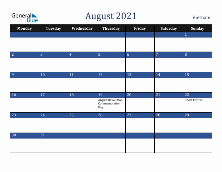 August 2021 Vietnam Calendar (Monday Start)