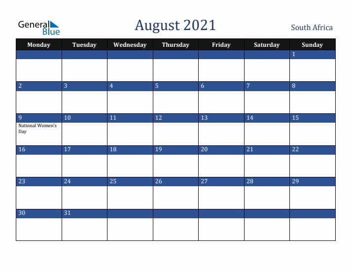 August 2021 South Africa Calendar (Monday Start)