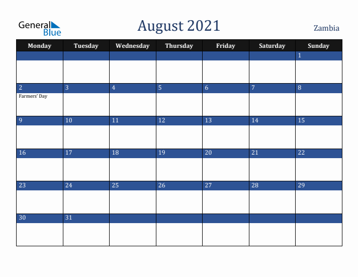 August 2021 Zambia Calendar (Monday Start)