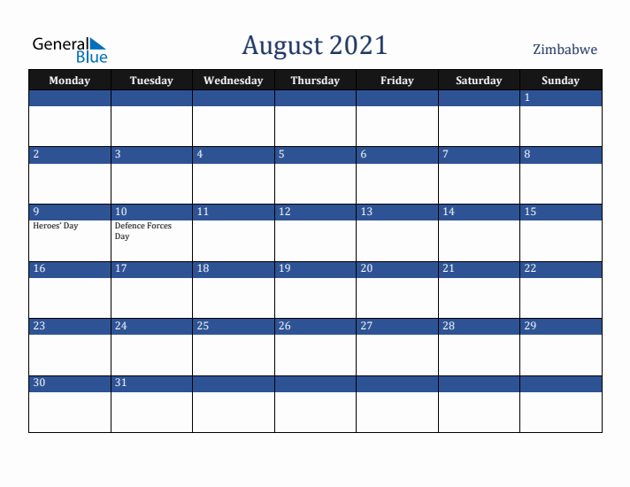 August 2021 Zimbabwe Calendar (Monday Start)