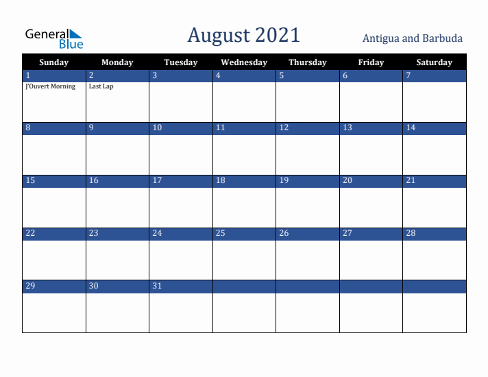 August 2021 Antigua and Barbuda Calendar (Sunday Start)