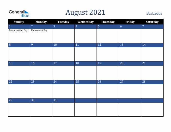 August 2021 Barbados Calendar (Sunday Start)