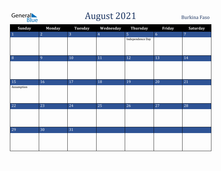 August 2021 Burkina Faso Calendar (Sunday Start)