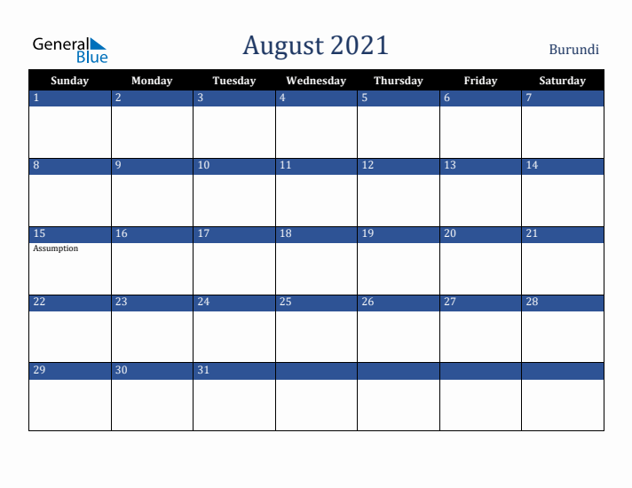 August 2021 Burundi Calendar (Sunday Start)