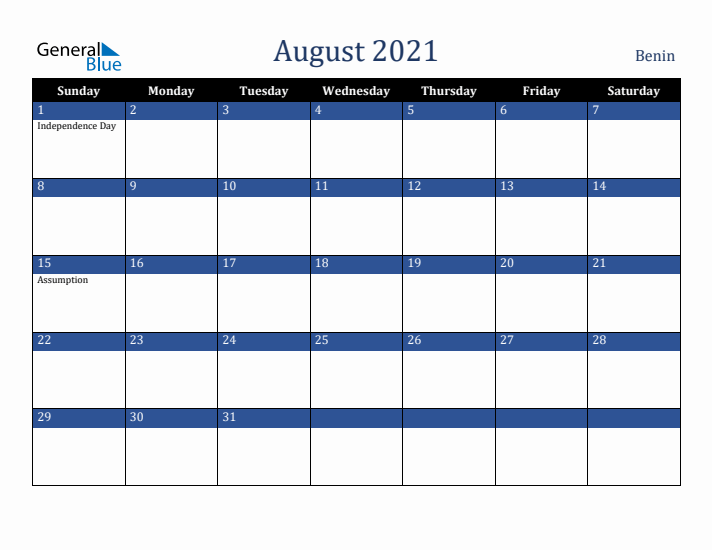 August 2021 Benin Calendar (Sunday Start)
