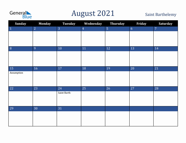 August 2021 Saint Barthelemy Calendar (Sunday Start)