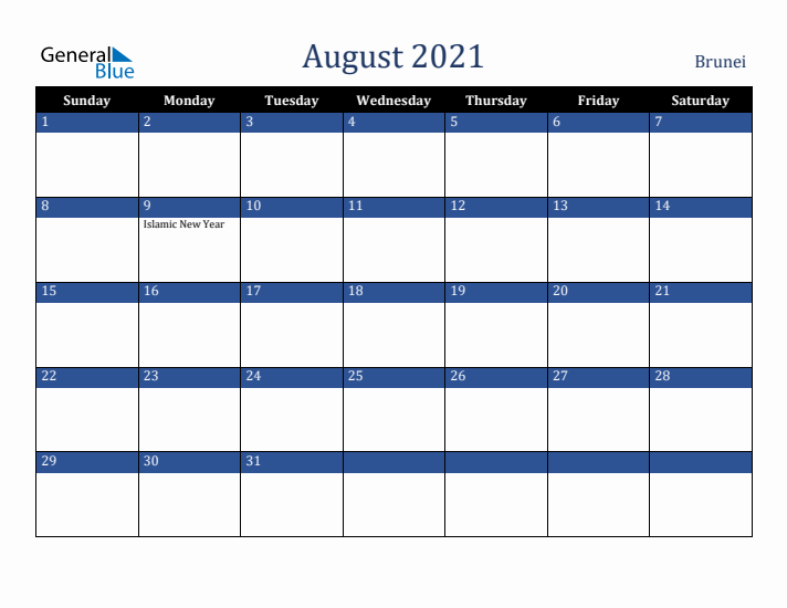 August 2021 Brunei Calendar (Sunday Start)