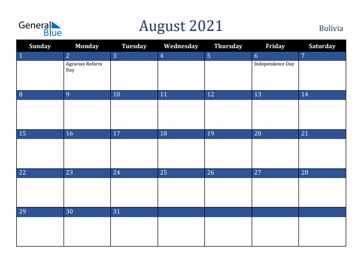August 2021 Bolivia Calendar (Sunday Start)
