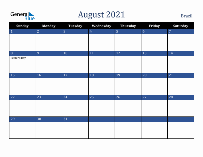 August 2021 Brazil Calendar (Sunday Start)