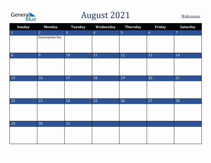 August 2021 Bahamas Calendar (Sunday Start)