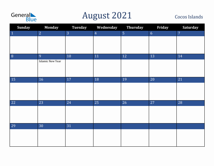 August 2021 Cocos Islands Calendar (Sunday Start)