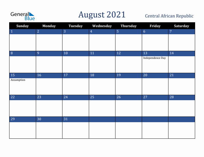 August 2021 Central African Republic Calendar (Sunday Start)
