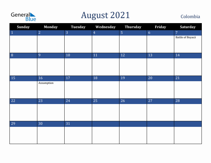 August 2021 Colombia Calendar (Sunday Start)
