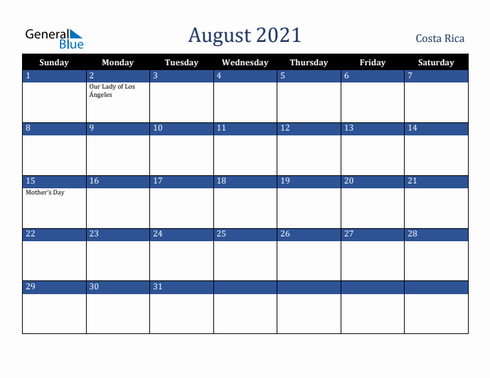 August 2021 Costa Rica Calendar (Sunday Start)