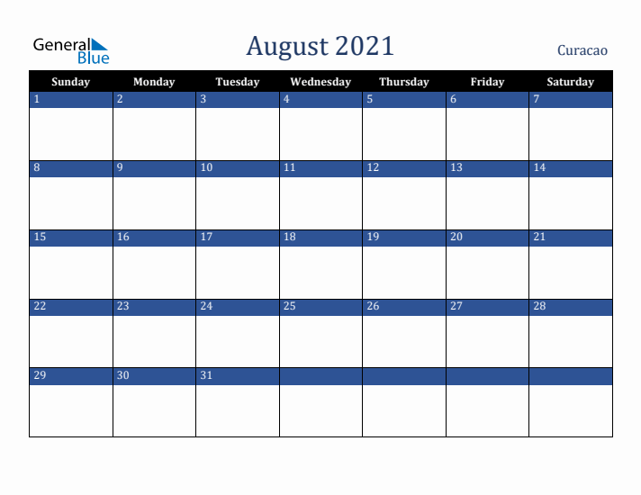 August 2021 Curacao Calendar (Sunday Start)