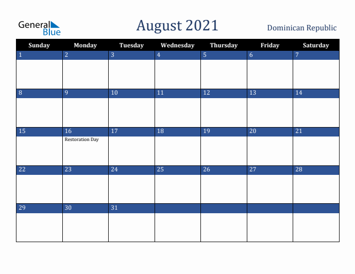 August 2021 Dominican Republic Calendar (Sunday Start)