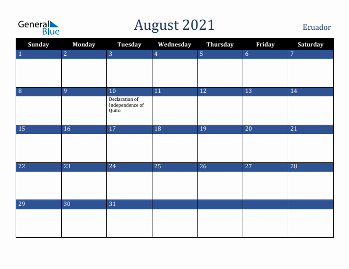 August 2021 Ecuador Calendar (Sunday Start)