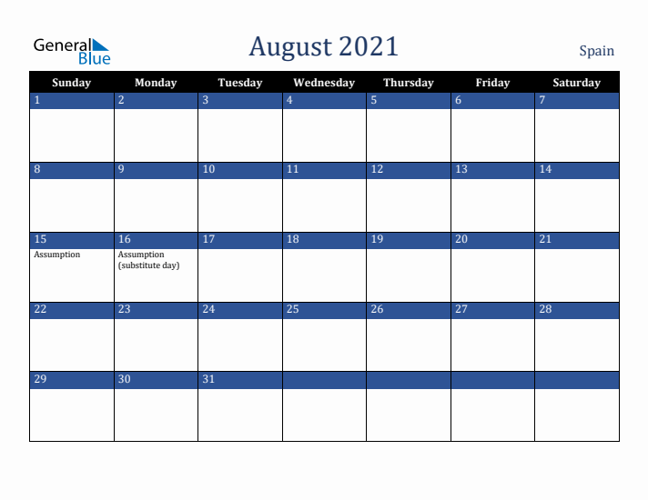 August 2021 Spain Calendar (Sunday Start)
